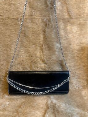 Chic Black Leather Clutch with Silver Chain Strap